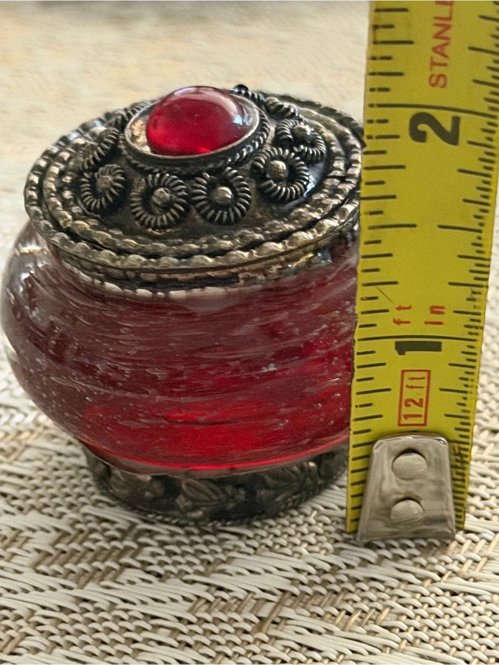 Antique  snuff or pill box snuff jar Red glass silver ornate metal